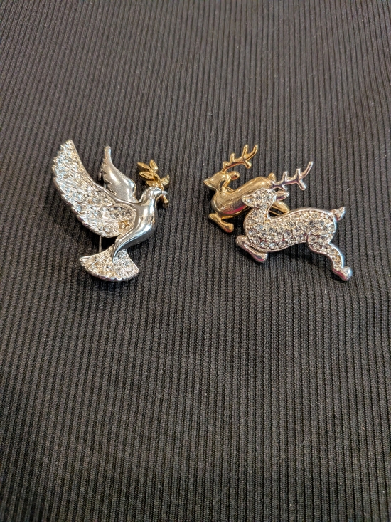 Jewelry - B#4:   Rhinestone Dove and Reindeer Brooch Set - Silver and Gold Accents